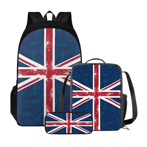 Xoenoiee Rucksack-Set mit 3 Stück, Teenager, Studenten, große Kapazität, Thermo-Lunchbox, Bleistifttasche, 3-in-1, für Jungen und Mädchen, uk-flagge von Xoenoiee