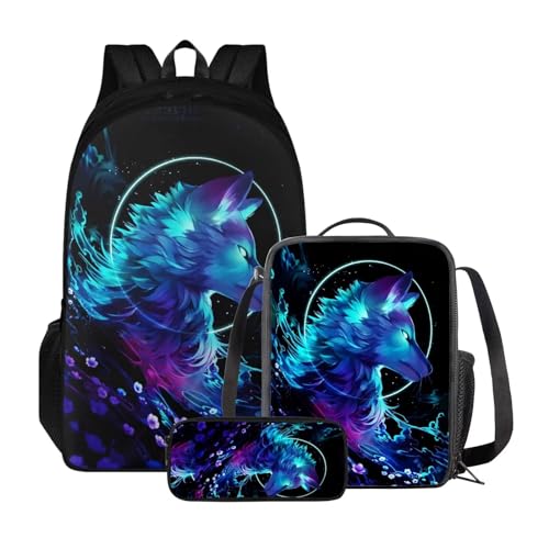 Xoenoiee Rucksack-Set mit 3 Stück, Teenager, Studenten, große Kapazität, Thermo-Lunchbox, Bleistifttasche, 3-in-1, für Jungen und Mädchen, wolf von Xoenoiee