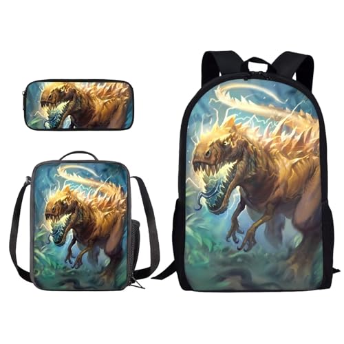 Xoenoiee Rucksack und Lunchtaschen-Set für Kinder, Schultasche, Junior, Teenager, Büchertasche, leicht, 3-in-1, Cooler Dinosaurier, Einheitsgröße von Xoenoiee