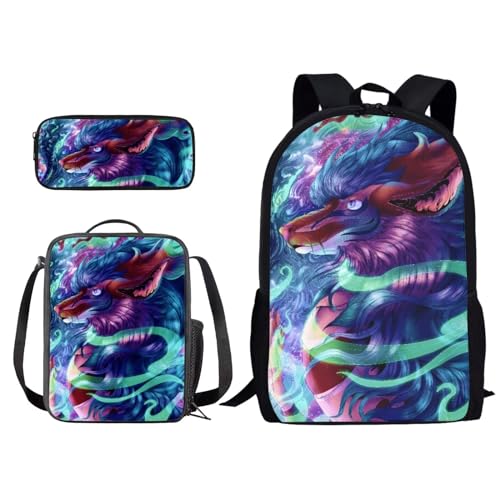 Xoenoiee Rucksack und Lunchtaschen-Set für Kinder, Schultasche, Junior, Teenager, Büchertasche, leicht, 3-in-1, Cooler Drache, Einheitsgröße von Xoenoiee