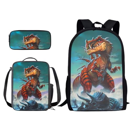 Xoenoiee Rucksack und Lunchtaschen-Set für Kinder, Schultasche, Junior, Teenager, Büchertasche, leicht, 3-in-1, Dinosaurier, Einheitsgröße von Xoenoiee