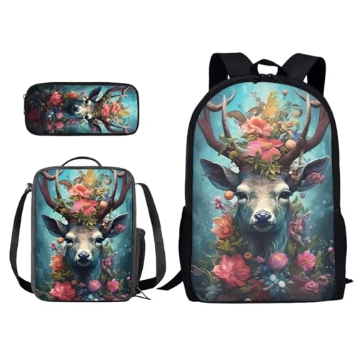 Xoenoiee Rucksack und Lunchtaschen-Set für Kinder, Schultasche, Junior, Teenager, Büchertasche, leicht, 3-in-1, Elch und Blumen, Einheitsgröße von Xoenoiee