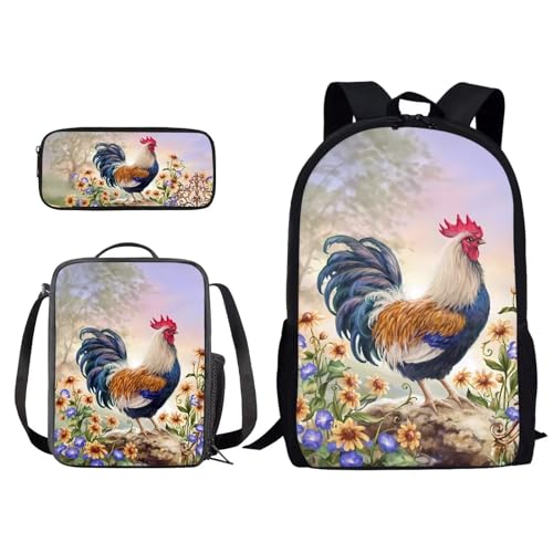 Xoenoiee Rucksack und Lunchtaschen-Set für Kinder, Schultasche, Junior, Teenager, Büchertasche, leicht, 3-in-1, Hühnerblumen, Einheitsgröße von Xoenoiee