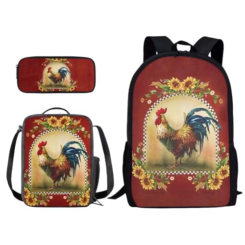 Xoenoiee Rucksack und Lunchtaschen-Set für Kinder, Schultasche, Junior, Teenager, Büchertasche, leicht, 3-in-1, Huhn Sonnenblume rot, Einheitsgröße von Xoenoiee