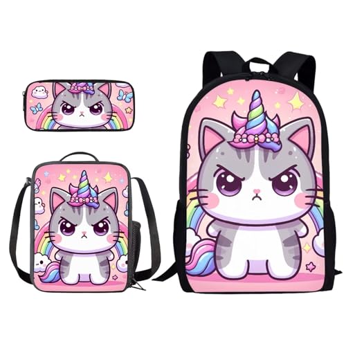 Xoenoiee Rucksack und Lunchtaschen-Set für Kinder, Schultasche, Junior, Teenager, Büchertasche, leicht, 3-in-1, Niedliches Einhorn-Regenbogen, Einheitsgröße von Xoenoiee