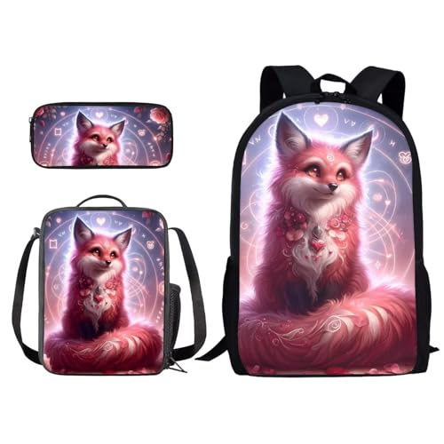 Xoenoiee Rucksack und Lunchtaschen-Set für Kinder, Schultasche, Junior, Teenager, Büchertasche, leicht, 3-in-1, Pink Fox, Einheitsgröße, Modern von Xoenoiee