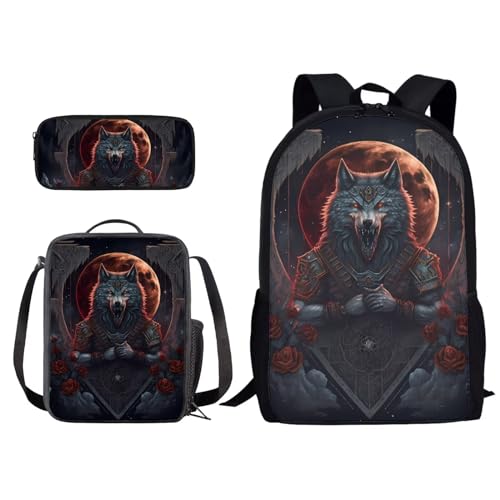 Xoenoiee Rucksack und Lunchtaschen-Set für Kinder, Schultasche, Junior, Teenager, Büchertasche, leicht, 3-in-1, Wolf Red Rose and Moon, Einheitsgröße von Xoenoiee