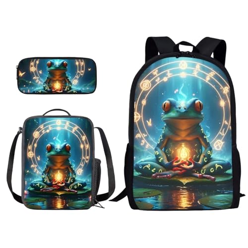 Xoenoiee Rucksack und Lunchtaschen-Set für Kinder, Schultasche, Junior, Teenager, Büchertasche, leicht, 3-in-1, frosch, Einheitsgröße von Xoenoiee