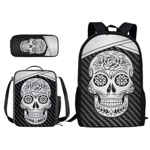 Xoenoiee Rucksack und Lunchtaschen-Set für Kinder, Schultasche, Junior, Teenager, Büchertasche, leicht, 3-in-1, totenkopf, Einheitsgröße von Xoenoiee