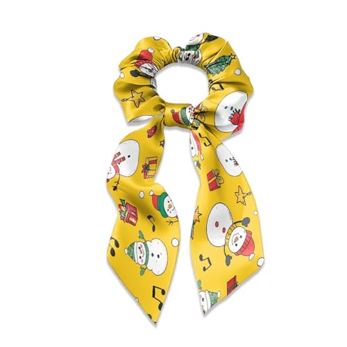 Xoenoiee Schneemann Musiknote Weihnachtsmuster Satin Haargummis für dickes Haar Gelb Weiche Haargummis mit Schleife für Frauen Bunny Ear Scrunchies Elastische Haarschmuck für Mädchen 3 Pack von Xoenoiee