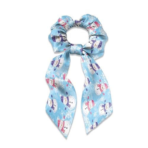 Xoenoiee Schneemann Schneeflocke Blau Weihnachten Muster Schleife Haargummis für Frauen Satin Haargummis Hasenohren Haargummi Elastische Haarbänder Dicke Haarschmuck für Mädchen 1 Packung von Xoenoiee