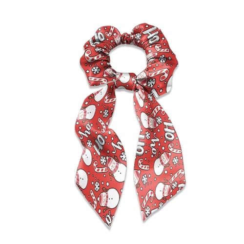 Xoenoiee Schneemann Zuckerstange Weihnachten Rot Druck Satin Haargummis für dickes Haar Weiche Haargummis mit Schleife für Frauen Bunny Ear Scrunchies Elastische Haarschmuck für Mädchen 1 Packung von Xoenoiee