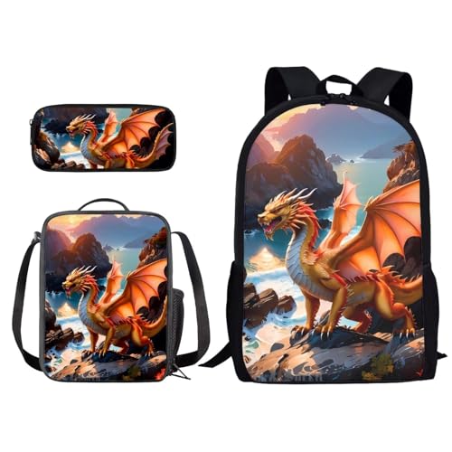 Xoenoiee Schulrucksack-Set, 3-teilig, für Jungen und Mädchen, mit Lunchbox, Federmäppchen, Grundschule / Mittelschultasche, Teenager, Büchertaschen, Cooler Drache mit Flügeln, Einheitsgröße von Xoenoiee