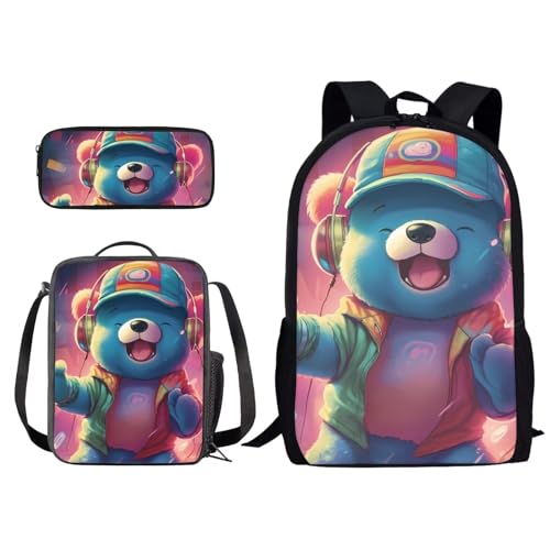 Xoenoiee Schulrucksack-Set, 3-teilig, für Jungen und Mädchen, mit Lunchbox, Federmäppchen, Grundschule / Mittelschultasche, Teenager, Büchertaschen, Niedlicher Cartoon-Bär, Einheitsgröße von Xoenoiee