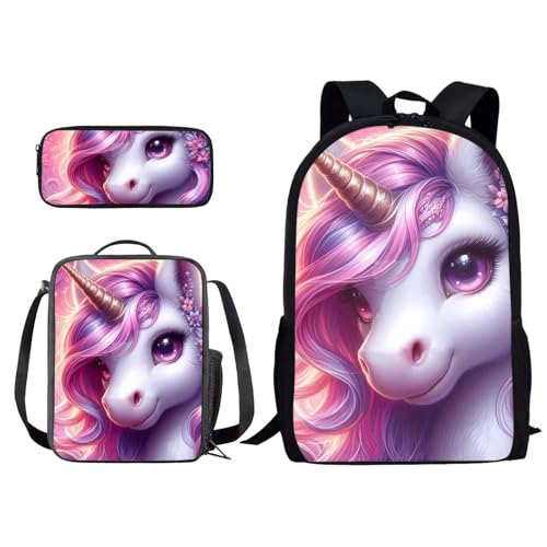 Xoenoiee Schulrucksack-Set, 3-teilig, für Jungen und Mädchen, mit Lunchbox, Federmäppchen, Grundschule / Mittelschultasche, Teenager, Büchertaschen, Rosa, Einhorn, Einheitsgröße von Xoenoiee