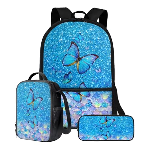 Xoenoiee Schulrucksack-Set, 43,2 cm, 3-teiliges Set für Jungen und Mädchen, mit Lunchtasche und Federmäppchen, große Schultasche für Teenager, Studenten, Blaue Schmetterlings-Waage von Xoenoiee