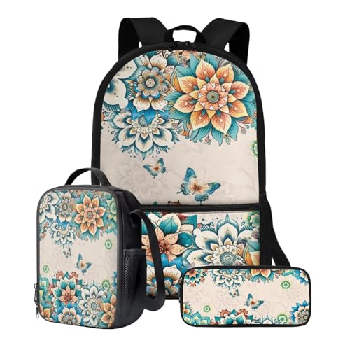 Xoenoiee Schulrucksack-Set, 43,2 cm, 3-teiliges Set für Jungen und Mädchen, mit Lunchtasche und Federmäppchen, große Schultasche für Teenager, Studenten, Boho-Mandala-Schmetterling von Xoenoiee