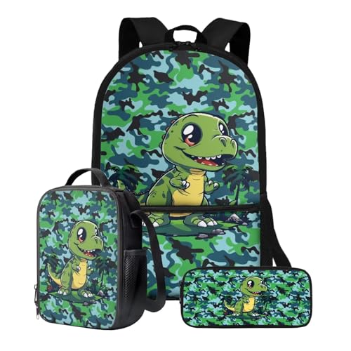 Xoenoiee Schulrucksack-Set, 43,2 cm, 3-teiliges Set für Jungen und Mädchen, mit Lunchtasche und Federmäppchen, große Schultasche für Teenager, Studenten, Dinosaurier-Grün-Tarnmuster von Xoenoiee