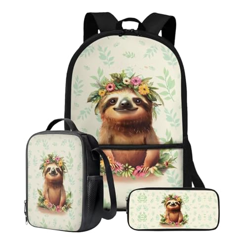 Xoenoiee Schulrucksack-Set, 43,2 cm, 3-teiliges Set für Jungen und Mädchen, mit Lunchtasche und Federmäppchen, große Schultasche für Teenager, Studenten, Faultier-Blumenblatt von Xoenoiee