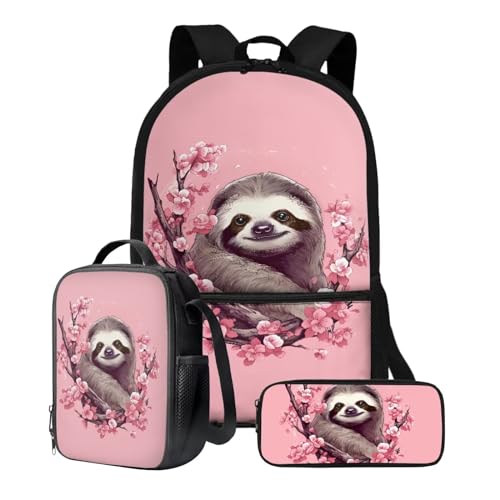 Xoenoiee Schulrucksack-Set, 43,2 cm, 3-teiliges Set für Jungen und Mädchen, mit Lunchtasche und Federmäppchen, große Schultasche für Teenager, Studenten, Faultier Floral Pink von Xoenoiee