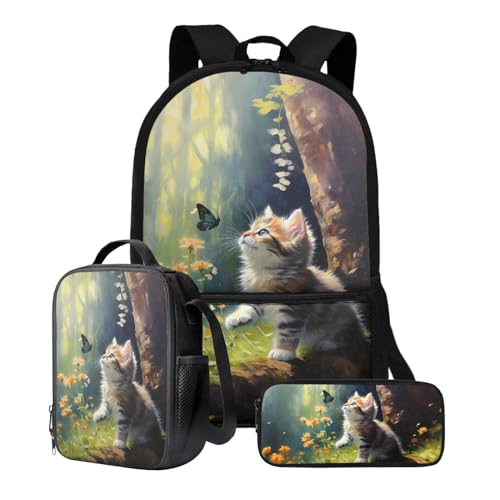 Xoenoiee Schulrucksack-Set, 43,2 cm, 3-teiliges Set für Jungen und Mädchen, mit Lunchtasche und Federmäppchen, große Schultasche für Teenager, Studenten, Katze, Schmetterling, Wald von Xoenoiee