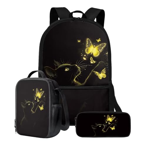 Xoenoiee Schulrucksack-Set, 43,2 cm, 3-teiliges Set für Jungen und Mädchen, mit Lunchtasche und Federmäppchen, große Schultasche für Teenager, Studenten, Katze, glitzernder Schmetterling, Schwarz von Xoenoiee