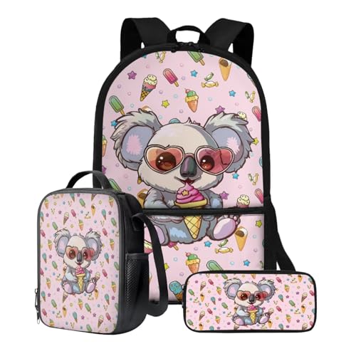 Xoenoiee Schulrucksack-Set, 43,2 cm, 3-teiliges Set für Jungen und Mädchen, mit Lunchtasche und Federmäppchen, große Schultasche für Teenager, Studenten, Koala Ice Cream Pink von Xoenoiee