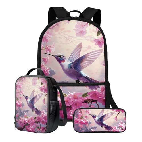 Xoenoiee Schulrucksack-Set, 43,2 cm, 3-teiliges Set für Jungen und Mädchen, mit Lunchtasche und Federmäppchen, große Schultasche für Teenager, Studenten, Kolibri mit rosa Blumen von Xoenoiee