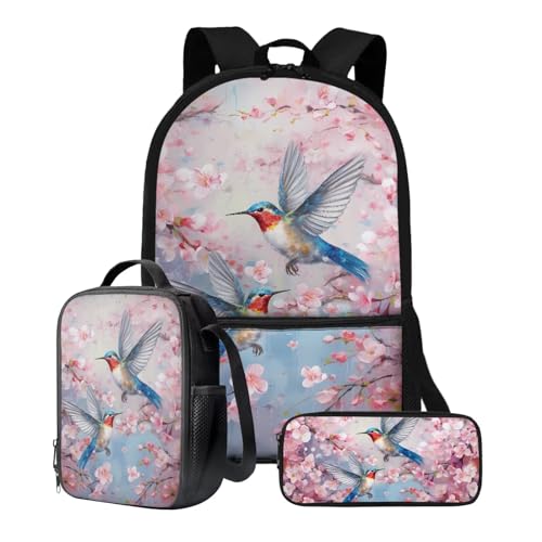 Xoenoiee Schulrucksack-Set, 43,2 cm, 3-teiliges Set für Jungen und Mädchen, mit Lunchtasche und Federmäppchen, große Schultasche für Teenager, Studenten, Kolibri rosa Blumen von Xoenoiee