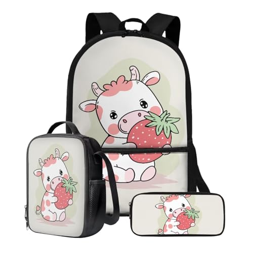 Xoenoiee Schulrucksack-Set, 43,2 cm, 3-teiliges Set für Jungen und Mädchen, mit Lunchtasche und Federmäppchen, große Schultasche für Teenager, Studenten, Kuh Erdbeere von Xoenoiee