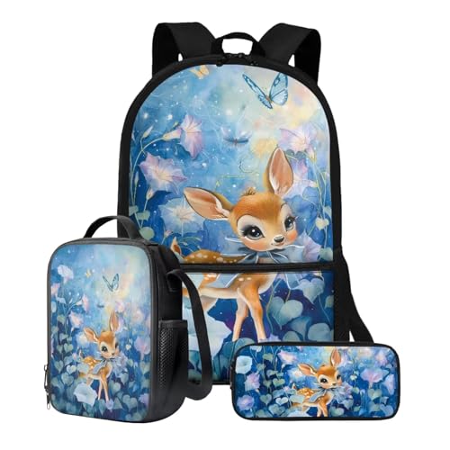 Xoenoiee Schulrucksack-Set, 43,2 cm, 3-teiliges Set für Jungen und Mädchen, mit Lunchtasche und Federmäppchen, große Schultasche für Teenager, Studenten, Niedliches Hirschblumen von Xoenoiee