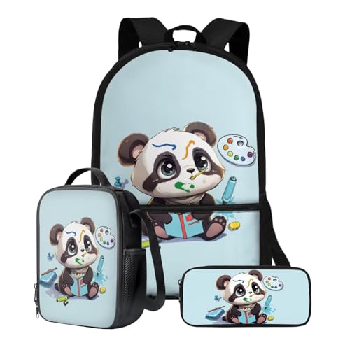 Xoenoiee Schulrucksack-Set, 43,2 cm, 3-teiliges Set für Jungen und Mädchen, mit Lunchtasche und Federmäppchen, große Schultasche für Teenager, Studenten, Panda-Zeichnung, blau von Xoenoiee