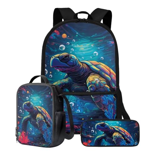 Xoenoiee Schulrucksack-Set, 43,2 cm, 3-teiliges Set für Jungen und Mädchen, mit Lunchtasche und Federmäppchen, große Schultasche für Teenager, Studenten, Turtle Undersea von Xoenoiee