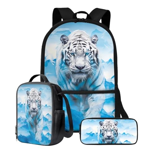 Xoenoiee Schulrucksack-Set, 43,2 cm, 3-teiliges Set für Jungen und Mädchen, mit Lunchtasche und Federmäppchen, große Schultasche für Teenager, Studenten, Weißer Tiger-Eisberg von Xoenoiee