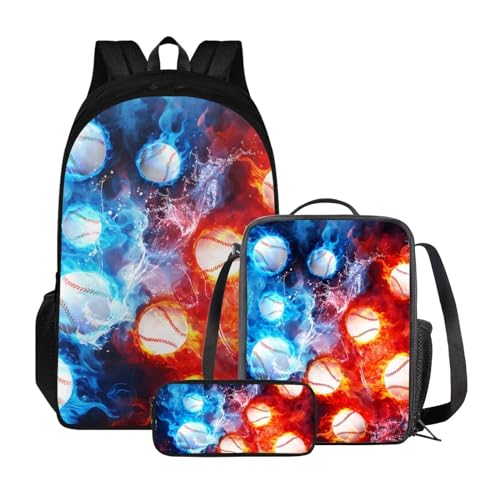 Xoenoiee Schulrucksack-Set für Jungen und Mädchen, mit Lunchbox und Federmäppchen, große Kapazität, Schultasche für Teenager, Studenten, 3-teilig, Blau-rote Feuer-Basebälle von Xoenoiee