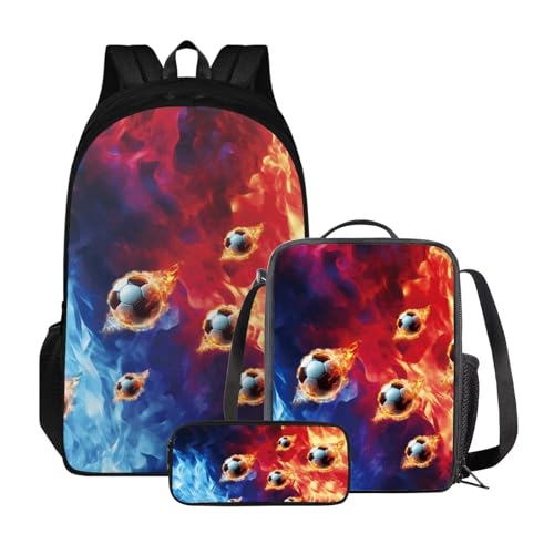 Xoenoiee Schulrucksack-Set für Jungen und Mädchen, mit Lunchbox und Federmäppchen, große Kapazität, Schultasche für Teenager, Studenten, 3-teilig, Blauer und roter Feuerfußball von Xoenoiee