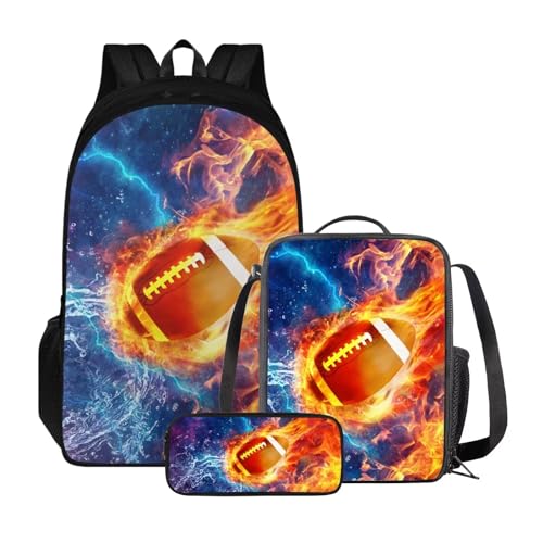 Xoenoiee Schulrucksack-Set für Jungen und Mädchen, mit Lunchbox und Federmäppchen, große Kapazität, Schultasche für Teenager, Studenten, 3-teilig, Fire American Football Lightning von Xoenoiee