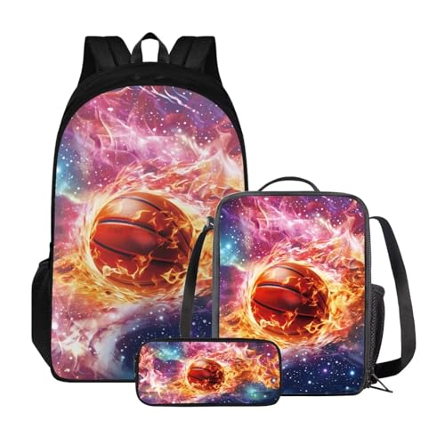 Xoenoiee Schulrucksack-Set für Jungen und Mädchen, mit Lunchbox und Federmäppchen, große Kapazität, Schultasche für Teenager, Studenten, 3-teilig, Fire Basketball Galaxy von Xoenoiee