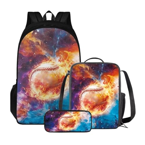 Xoenoiee Schulrucksack-Set für Jungen und Mädchen, mit Lunchbox und Federmäppchen, große Kapazität, Schultasche für Teenager, Studenten, 3-teilig, Galaxy Fire Baseball von Xoenoiee