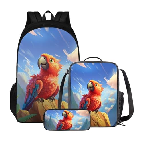 Xoenoiee Schulrucksack-Set für Jungen und Mädchen, mit Lunchbox und Federmäppchen, große Kapazität, Schultasche für Teenager, Studenten, 3-teilig, Papageienblauer Himmel von Xoenoiee