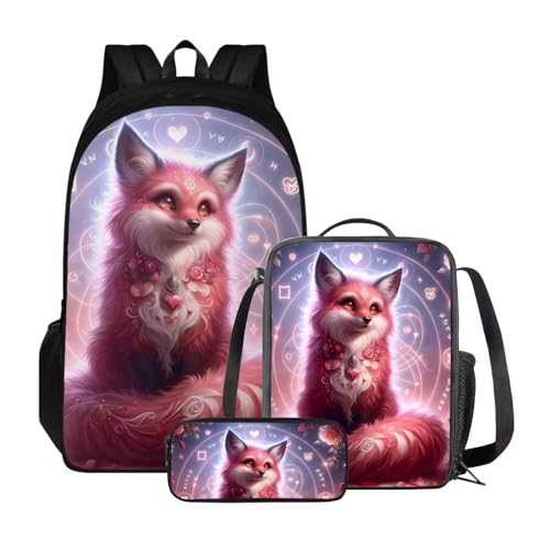 Xoenoiee Schulrucksack-Set für Jungen und Mädchen, mit Lunchbox und Federmäppchen, große Kapazität, Schultasche für Teenager, Studenten, 3-teilig, Pink Fox von Xoenoiee