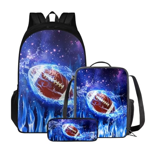 Xoenoiee Schulrucksack-Set für Jungen und Mädchen, mit Lunchbox und Federmäppchen, große Kapazität, Schultasche für Teenager, Studenten, 3-teilig, Water Splatter American Football Galaxy von Xoenoiee