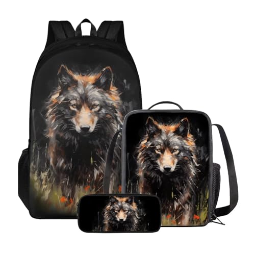 Xoenoiee Schulrucksack-Set für Jungen und Mädchen, mit Lunchbox und Federmäppchen, große Kapazität, Schultasche für Teenager, Studenten, 3-teilig, Wild Wolf von Xoenoiee