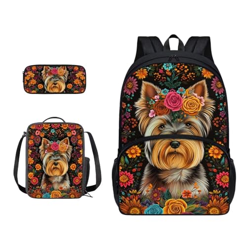 Xoenoiee Schulrucksack-Set für Jungen und Mädchen, mit Lunchtasche und Federmäppchen, große Schultasche für Teenager, Studenten, 3-teilig, Boho Floral Yorkshire Terrier von Xoenoiee