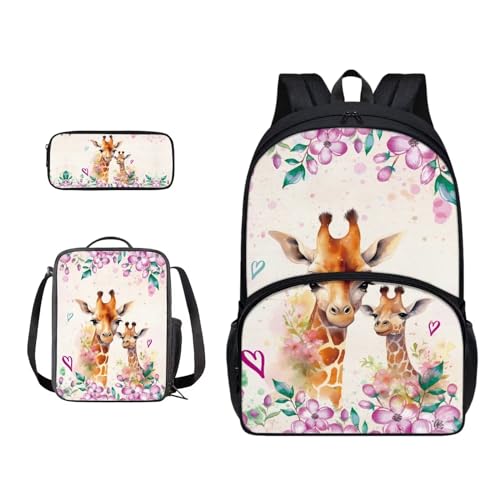 Xoenoiee Schulrucksack-Set für Jungen und Mädchen, mit Lunchtasche und Federmäppchen, große Schultasche für Teenager, Studenten, 3-teilig, Giraffe und Blumen von Xoenoiee