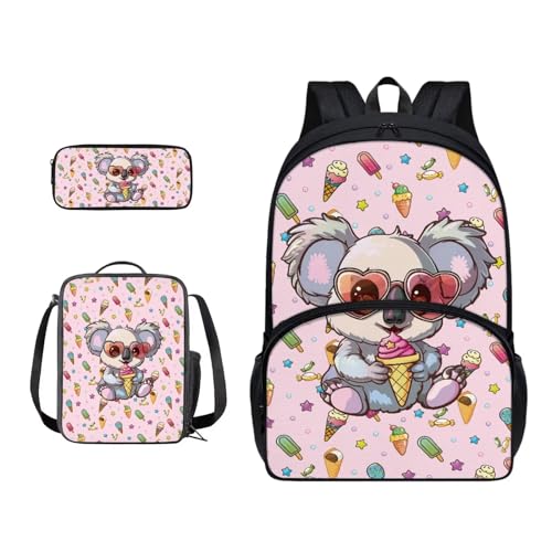 Xoenoiee Schulrucksack-Set für Jungen und Mädchen, mit Lunchtasche und Federmäppchen, große Schultasche für Teenager, Studenten, 3-teilig, Koala Ice Cream Pink von Xoenoiee