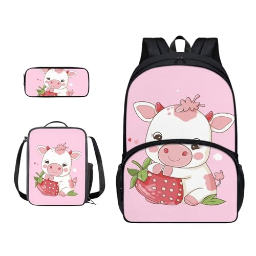 Xoenoiee Schulrucksack-Set für Jungen und Mädchen, mit Lunchtasche und Federmäppchen, große Schultasche für Teenager, Studenten, 3-teilig, Niedliche Kuh, Erdbeerrosa von Xoenoiee