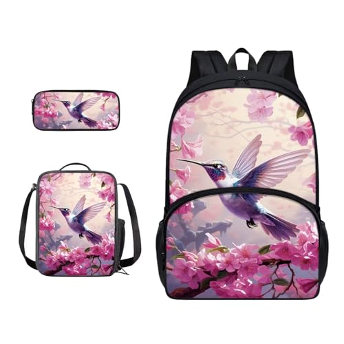 Xoenoiee Schulrucksack-Set für Jungen und Mädchen, mit Lunchtasche und Federmäppchen, große Schultasche für Teenager, Studenten, 3-teilig, Rosa Kolibri-Blumen von Xoenoiee