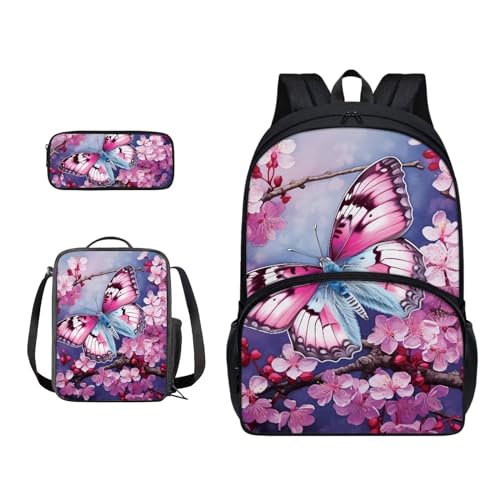 Xoenoiee Schulrucksack-Set für Jungen und Mädchen, mit Lunchtasche und Federmäppchen, große Schultasche für Teenager, Studenten, 3-teilig, Rosa Schmetterling, Blumen von Xoenoiee