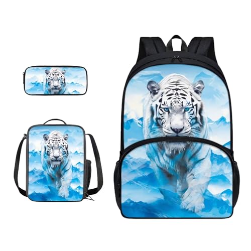 Xoenoiee Schulrucksack-Set für Jungen und Mädchen, mit Lunchtasche und Federmäppchen, große Schultasche für Teenager, Studenten, 3-teilig, Weißer Tiger-Eisberg von Xoenoiee